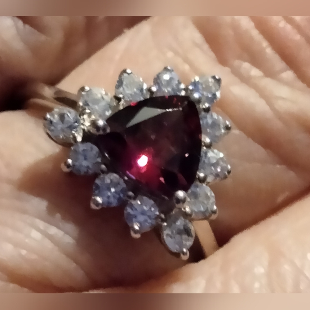 Tanzanian Wine Garnet with Halo of White Zircon in Platinum Over Sterling Silver